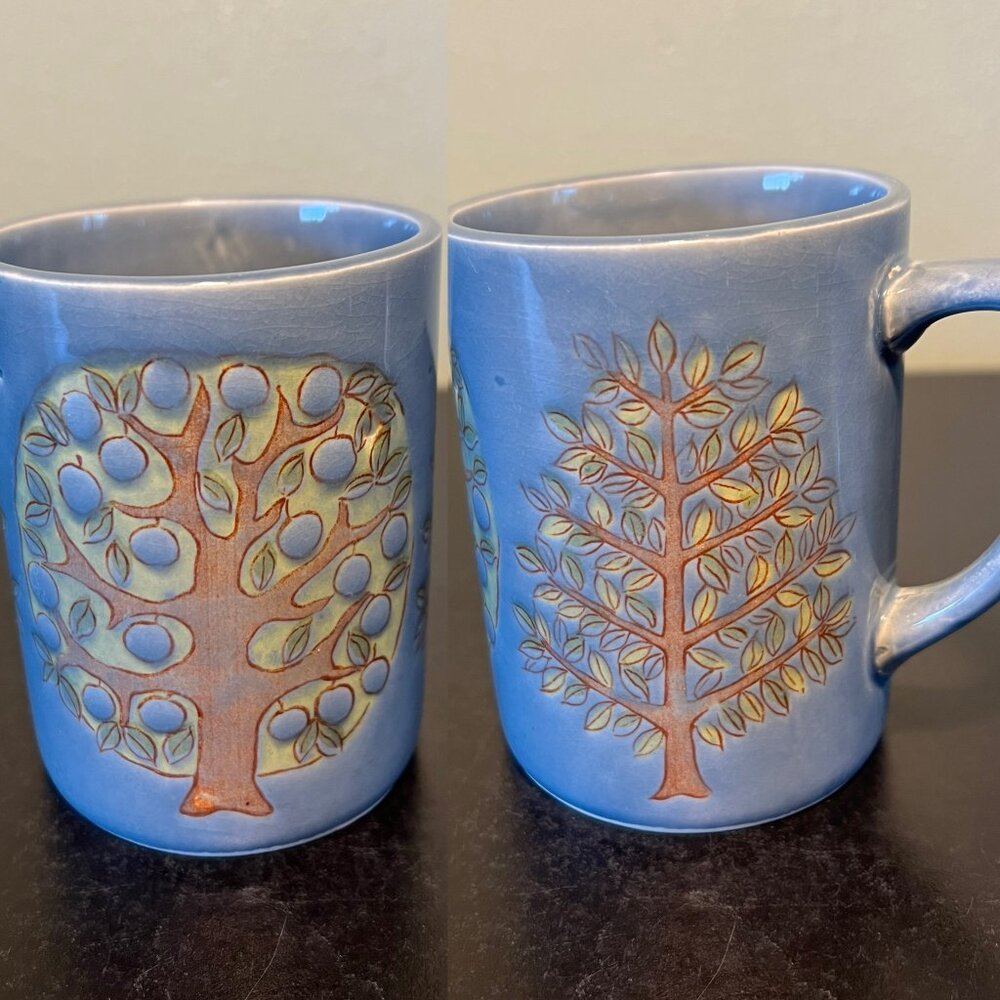 Vintage Handcrafted Studio Art Pottery Mug Blue Glaze Fruit Trees Coffee Cup